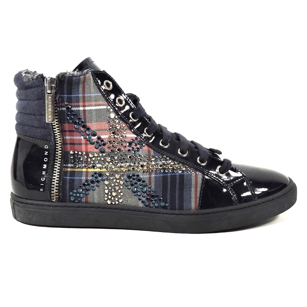 RICHMOND 🇮🇹 BLUE PATENT LEATHER & FABRIC COMFORT FASHION ANKLE SNEAKERS